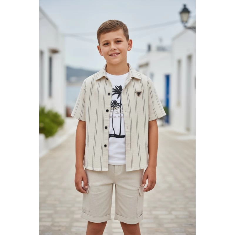 Restart Kids Παιδικό Σετ 6-9ετων Αγόρι Πουκάμισο Ριγέ & Βερμούδα Μπεζ