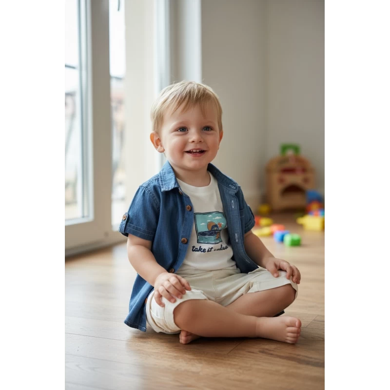 Restart Kids Βρεφικό Σετ Αγόρι 3 Τεμαχίων Πουκάμισο Τζιν, Μπλούζα & Σορτσάκι 6-24 Μηνών