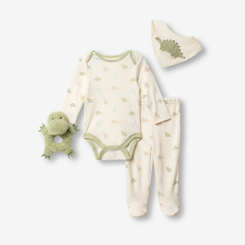 For Funky Kids Βρεφικό Σετ 4 Τεμαχίων Αγοριού με Δεινοσαυράκια, Σαλιάρα & Κουδουνίστρα 0-12 Μηνών