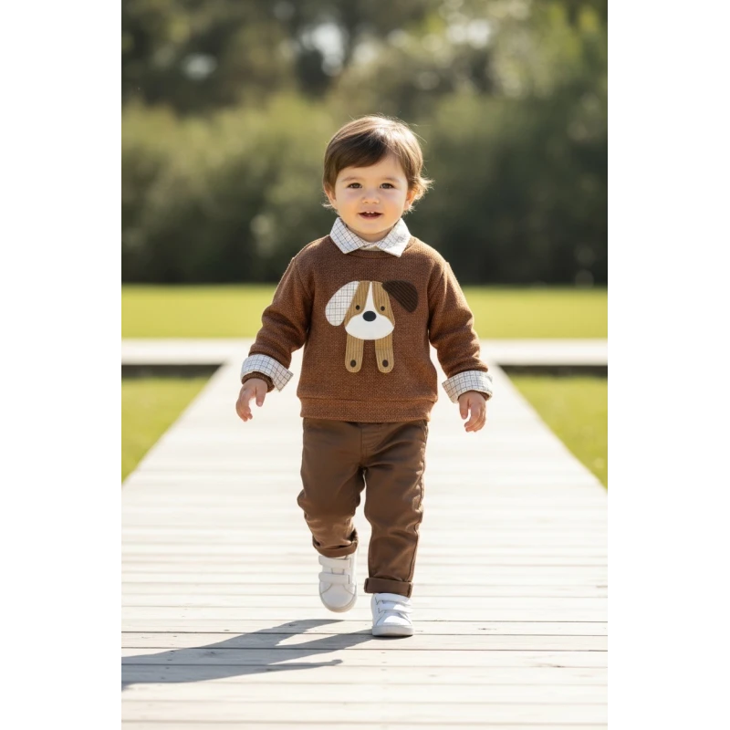 Restart Kids Βρεφικό Σετ Μπλούζα με Σκυλάκι & Παντελόνι Καφέ 9-24 Μηνών – 11442
