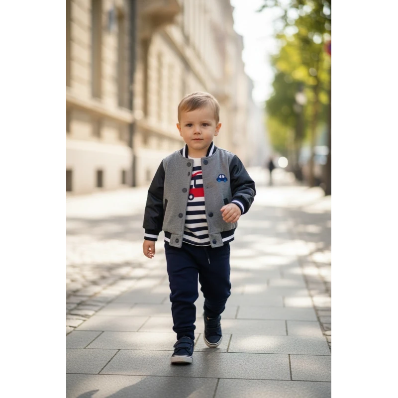 Restart Kids Βρεφικό Σετ 3 Τεμαχίων με Bomber Ζακέτα Γκρι-Μπλε 9-24 Μηνών – 11420