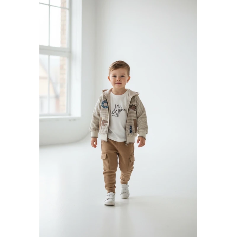 Restart Kids Βρεφικό Σετ 3 Τεμαχίων με Ζακέτα & Cargo Παντελόνι Μπεζ 9-24 Μηνών – 11416