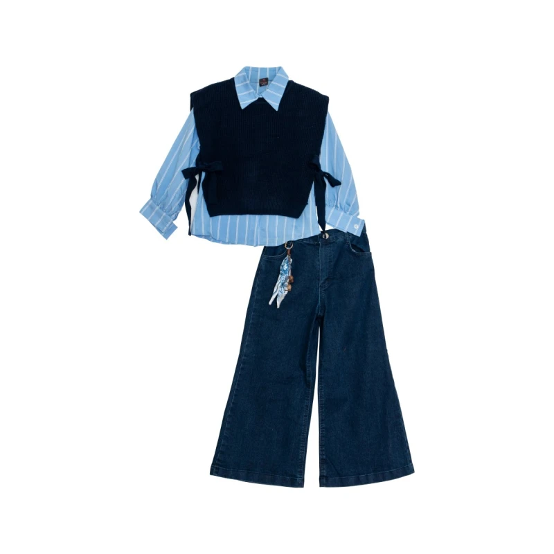 Restart Kids Σετ Κορίτσι 3 Τεμαχίων 6-13ετων με Πουκάμισο, Πλεκτό Γιλέκο & Τζιν Παντελόνα – Μπλε