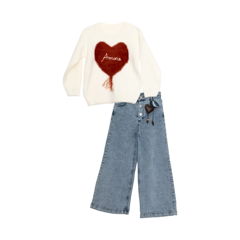 Restart Kids Σετ Κορίτσι με Πλεκτή Μπλούζα Amore & Τζιν Παντελόνα – Εκρού/Μπλε – 7-13 Ετών – 11901