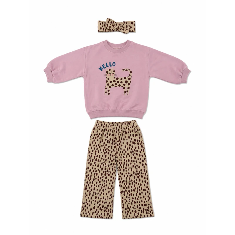 TRAX Kids Σετ Κορίτσι 3τμχ Hello Leopard με Παντελόνα & Κορδέλα – Ροζ/Μπεζ – 1-6 Ετών – 50723