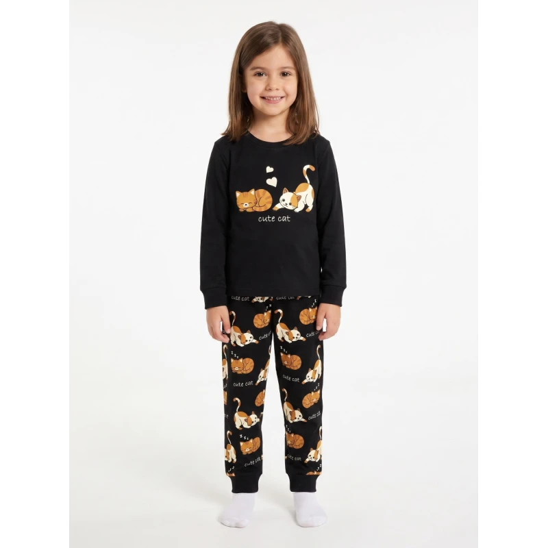 Trax Kids Παιδικές Πυτζάμες Κορίτσι Μαύρες Cute Cat 7-16 Ετών – 50693  